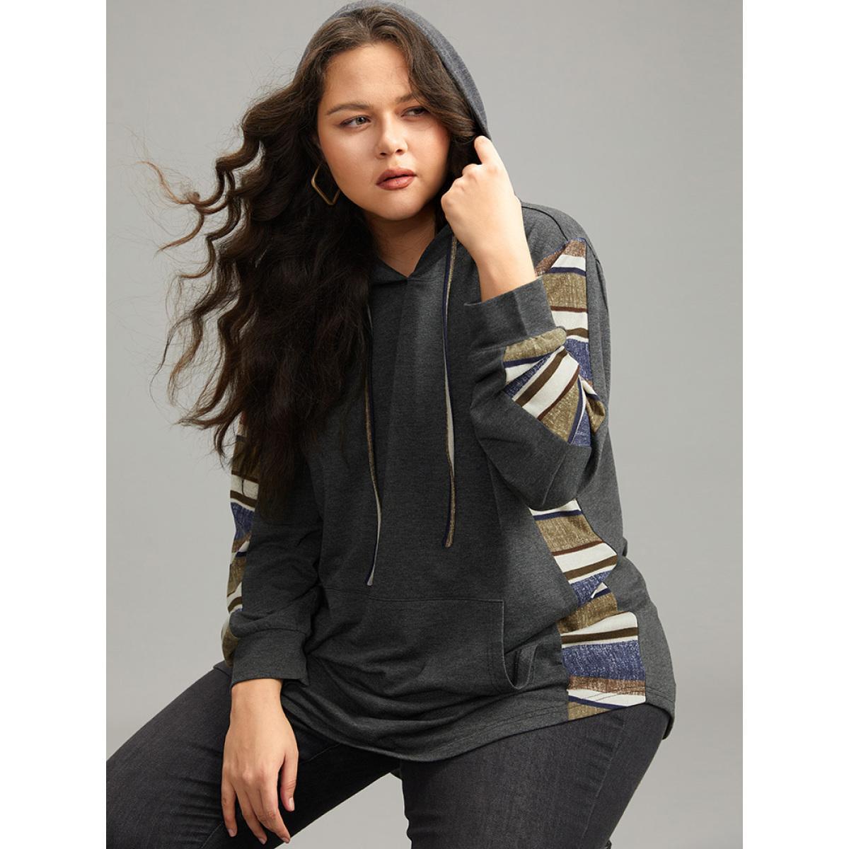 Plus Size Contrast Striped Hooded Ties Pocket Sweatshirt Women DimGray Casual Contrast Hooded Dailywear Sweatshirts BloomChic 22-24/3X Product Image