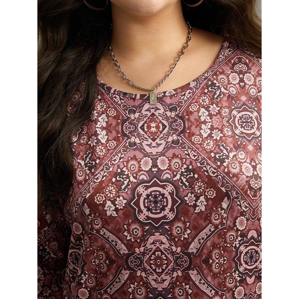 Plus Size Bandana Print Round Neck T-shirt Multicolor Women Casual Printed Bohemian Print Round Neck Dailywear T-shirts BloomChic 14-16/1X Product Image