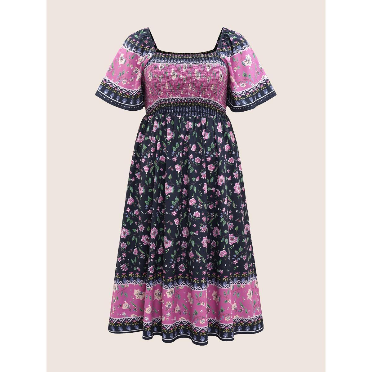 Plus Size Ditsy Floral Shirred Patchwork Ruffle Sleeve Dress Black Women Resort Shirred Square Neck Short sleeve Curvy Midi Dress BloomChic 22-24/3X Product Image