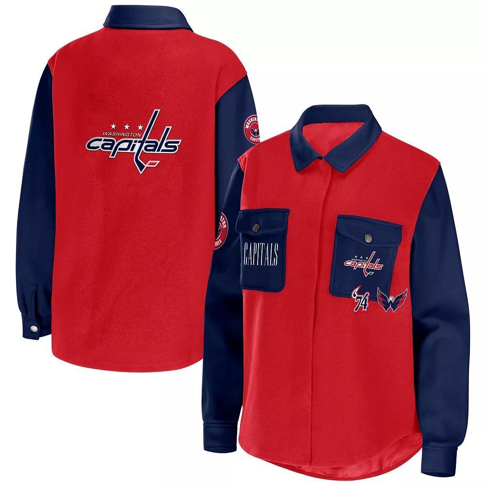 Women's WEAR by Erin Andrews Red/Navy Washington Capitals Colorblock Button-Up Shirt Jacket, Size: Small Product Image