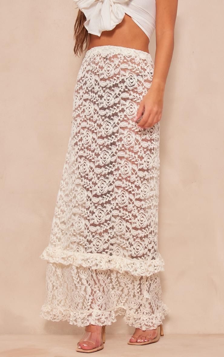 Cream Lace Frill Trim Maxi Skirt Product Image