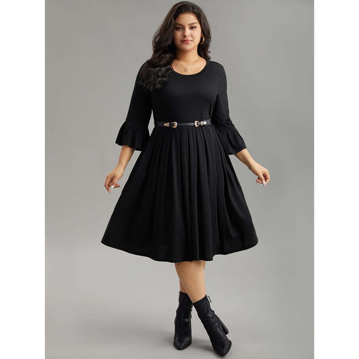 Plus Size Supersoft Essentials Solid Ruffles Pleated Dress Black Women Casual Pleated Round Neck Elbow-length sleeve Curvy Midi Dress BloomChic 26/4X Product Image