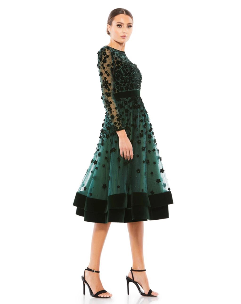 Long Sleeve Fit & Flare Velvet Embellished Cocktail Dress In Emerald Green Product Image