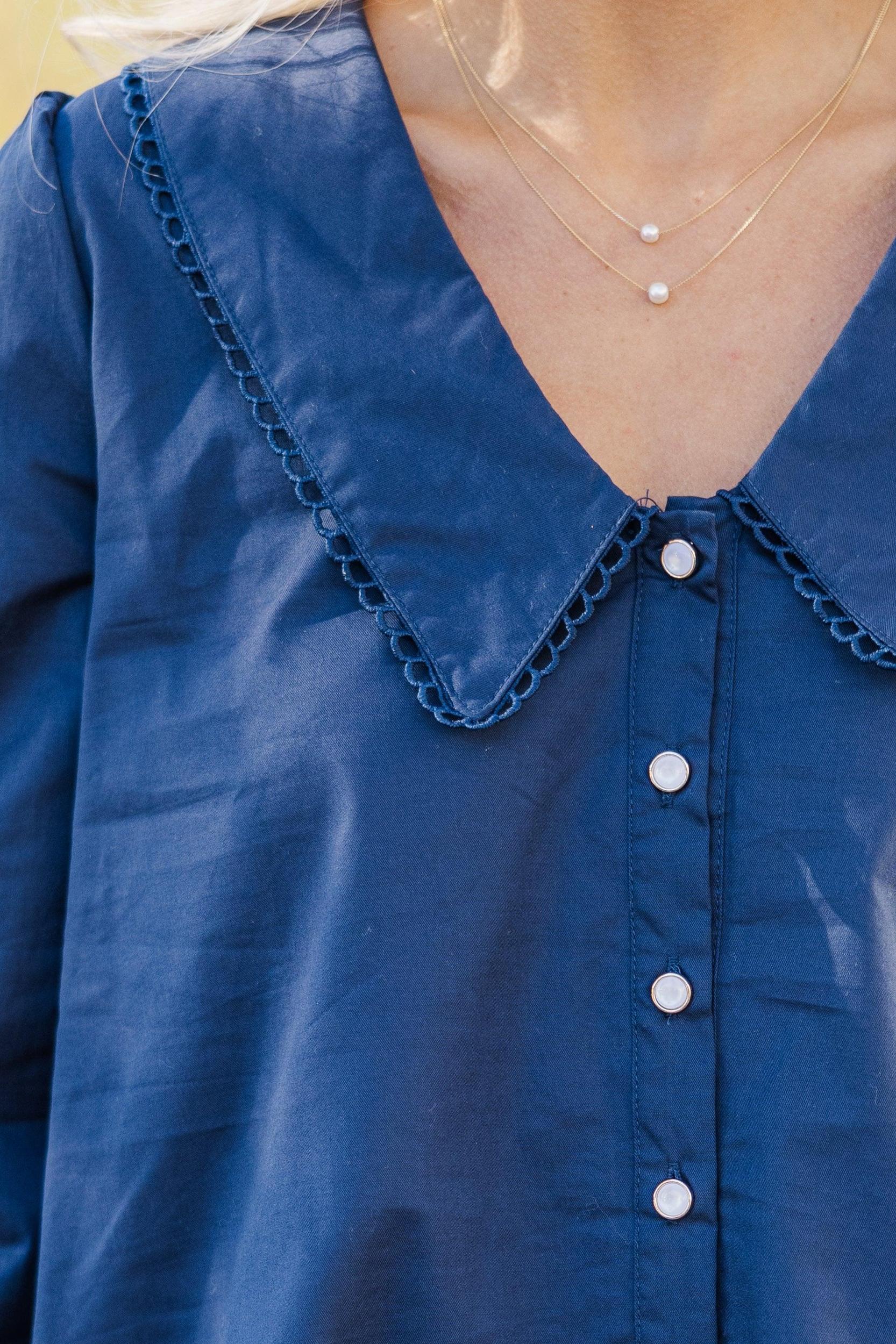 Just For You Navy Blue Long Collared Blouse Female Product Image