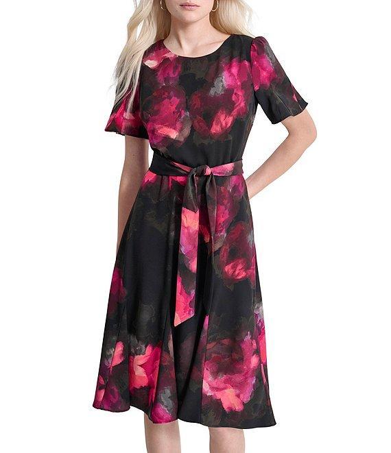 DKNY by Donna Karan Printed Woven Crew Neck Short Godet Sleeve Belted A-Line Dress Product Image