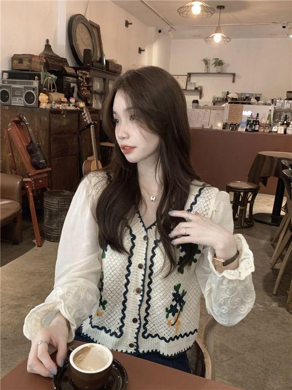 V-Neck Flower Embroidered Lace Trim Cardigan Product Image