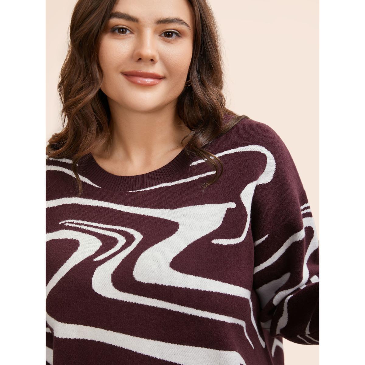 Plus Size Water Ripple Contrast Drop Shoulder Pullover DarkBrown Women Casual Loose Long Sleeve Round Neck Everyday Pullovers BloomChic 18-20/2X Product Image