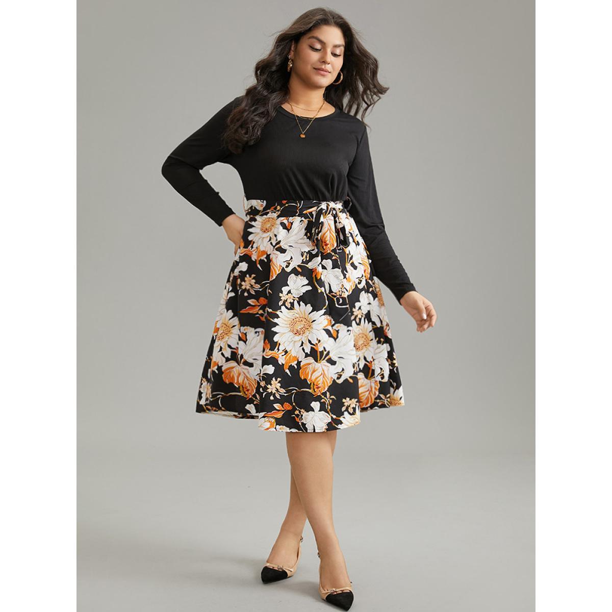 Plus Size Floral Print Rib Knit Belted Dress Black Women Elegant Rib Knit Round Neck Long Sleeve Curvy Midi Dress BloomChic 14-16/1X Product Image