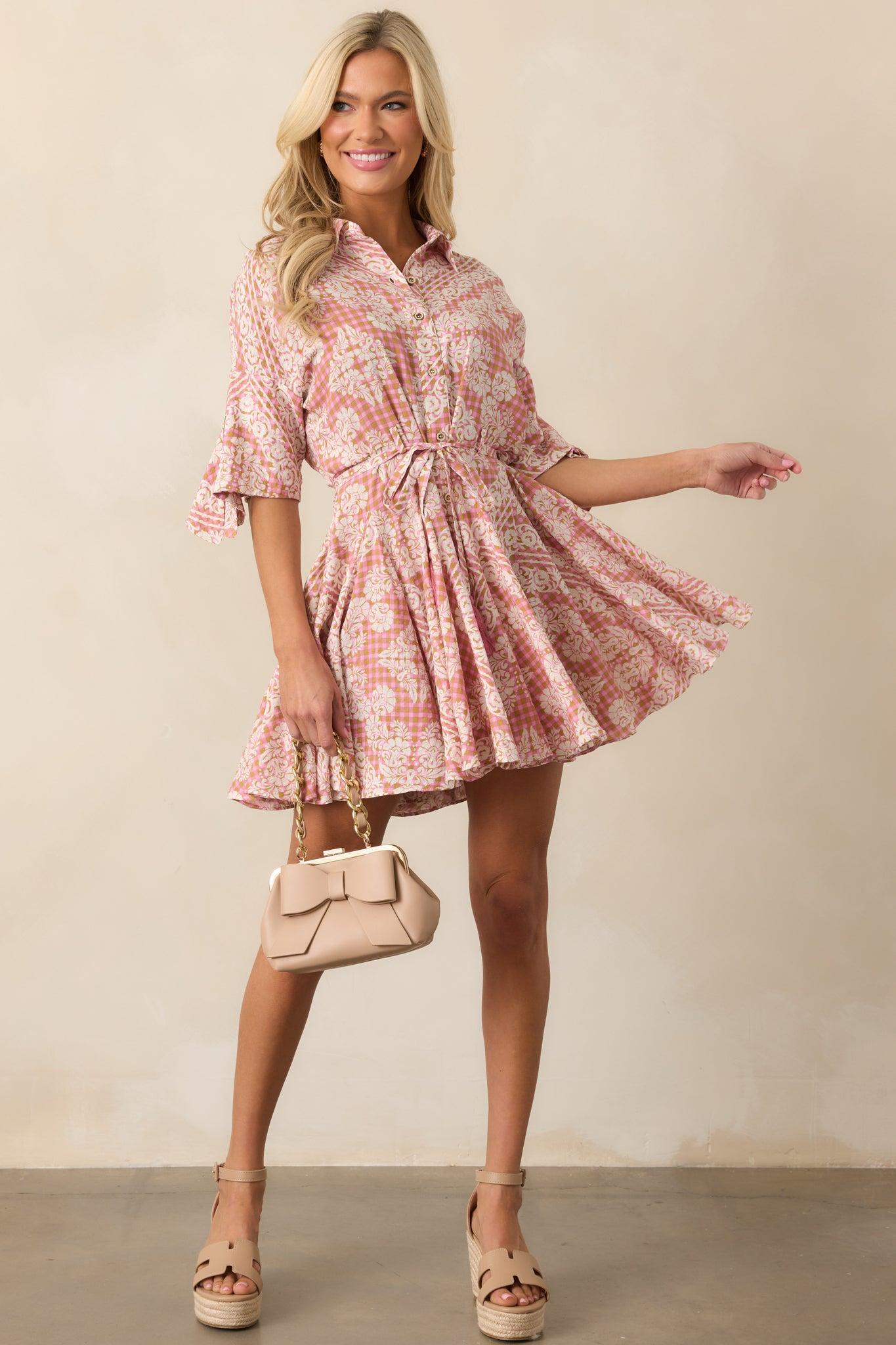 Beach Bum Rose Pink Floral Button Front Mini Dress Product Image