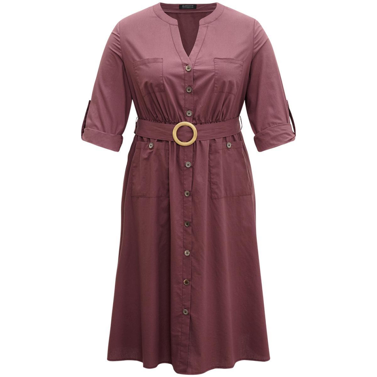 Plus Size Cotton Solid Buckle Detail Pocket Dress Burgundy Women Office Plain Shirt collar Long Sleeve Curvy Midi Dress BloomChic 30/6X Product Image