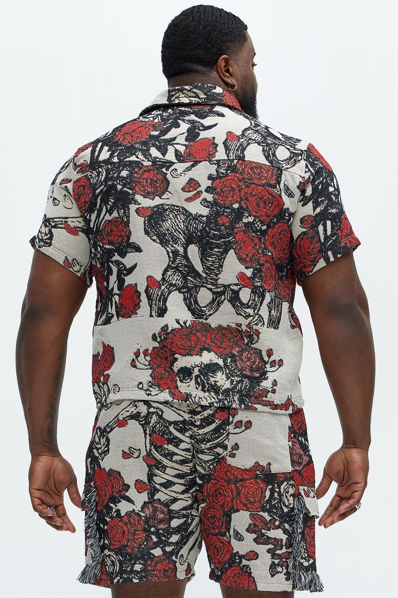 Petals Tapestry Short Sleeve Button Up Shirt - Red/combo Product Image
