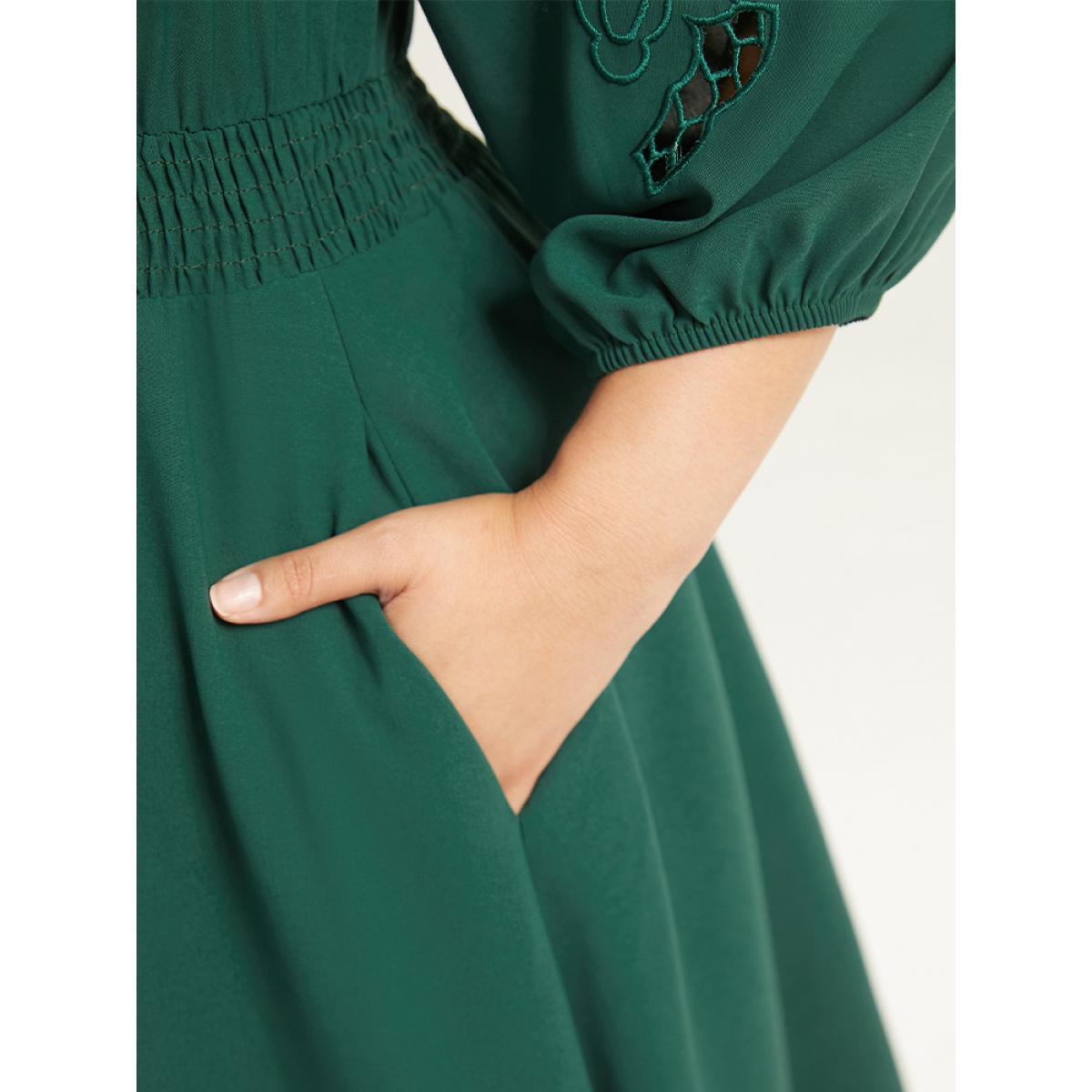 Plus Size Plain Tie Neck Cut Out Shirred Dress DarkGreen Women Elegant Elastic cuffs Square Neck Long Sleeve Curvy Midi Dress BloomChic 26/4X Product Image