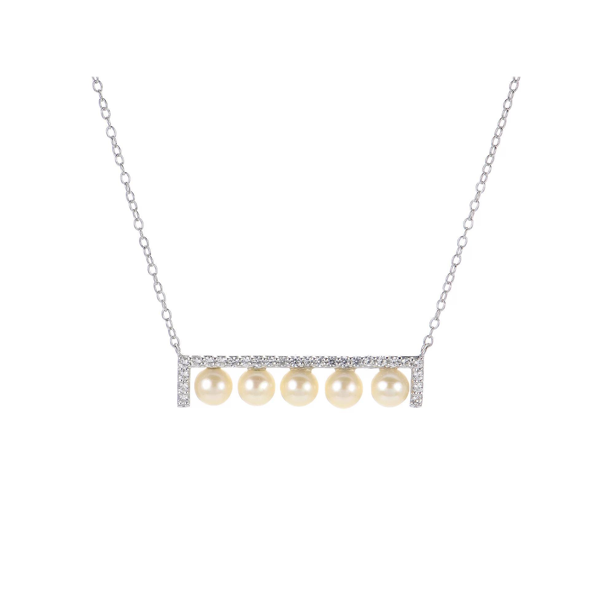 PearLustre by Imperial Sterling Silver Freshwater Cultured Pearl & Lab-Created White Sapphire Bar Necklace, Womens Product Image