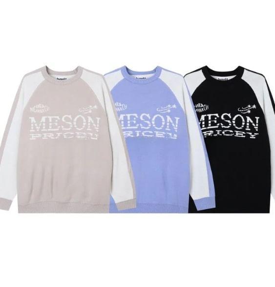 Long Sleeve Color-Block Lettering Print Loose-Fit Sweater Product Image