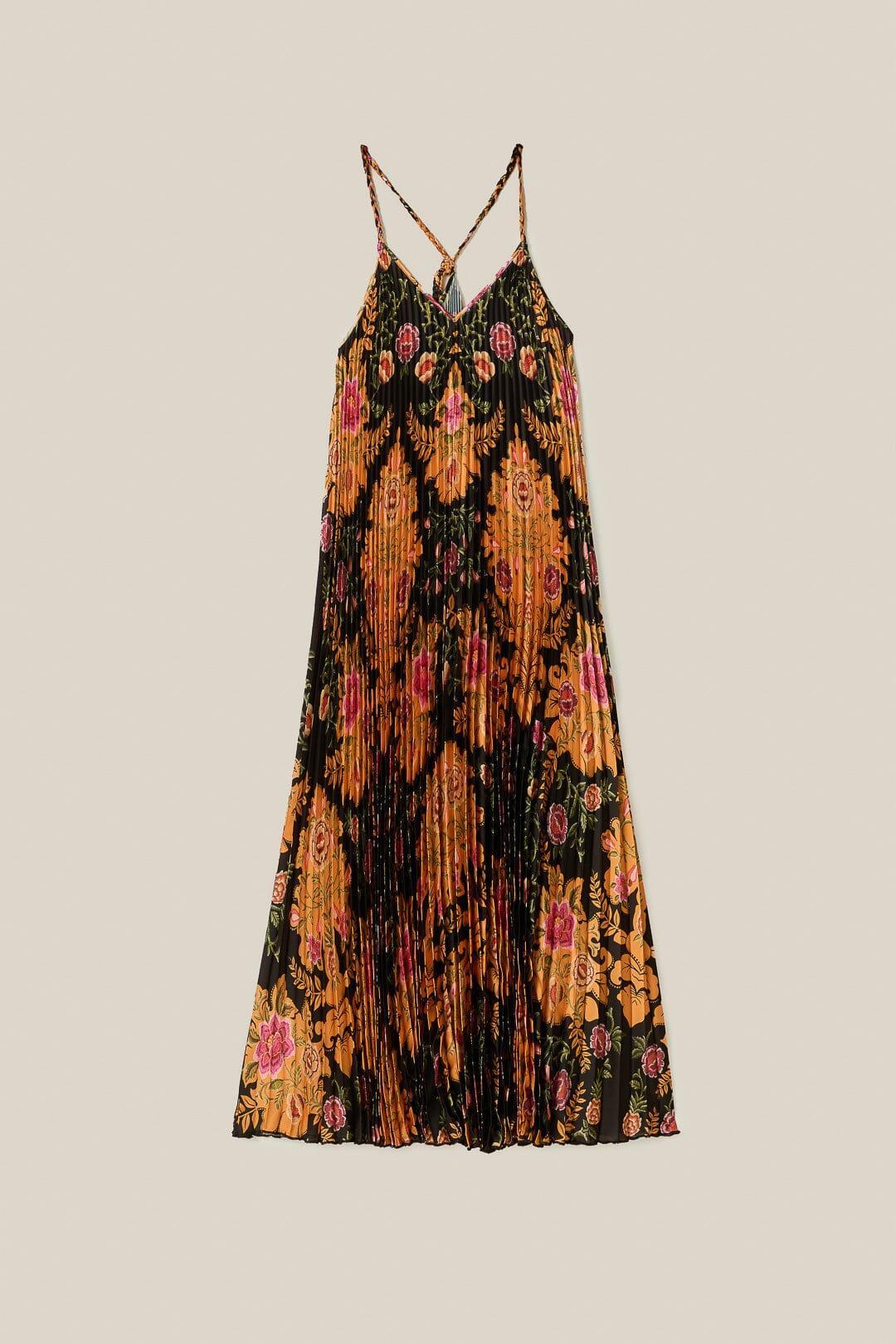 Black Arabesque Floral Pleated Midi Dress, ARABESQUE FLORAL BLACK / S Product Image
