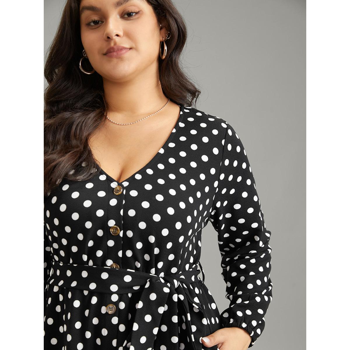 Plus Size Polka Dot Lantern Sleeve Belted Button Detail Dress Black Women Office Elastic cuffs V-neck Long Sleeve Curvy Midi Dress BloomChic 10/M Product Image
