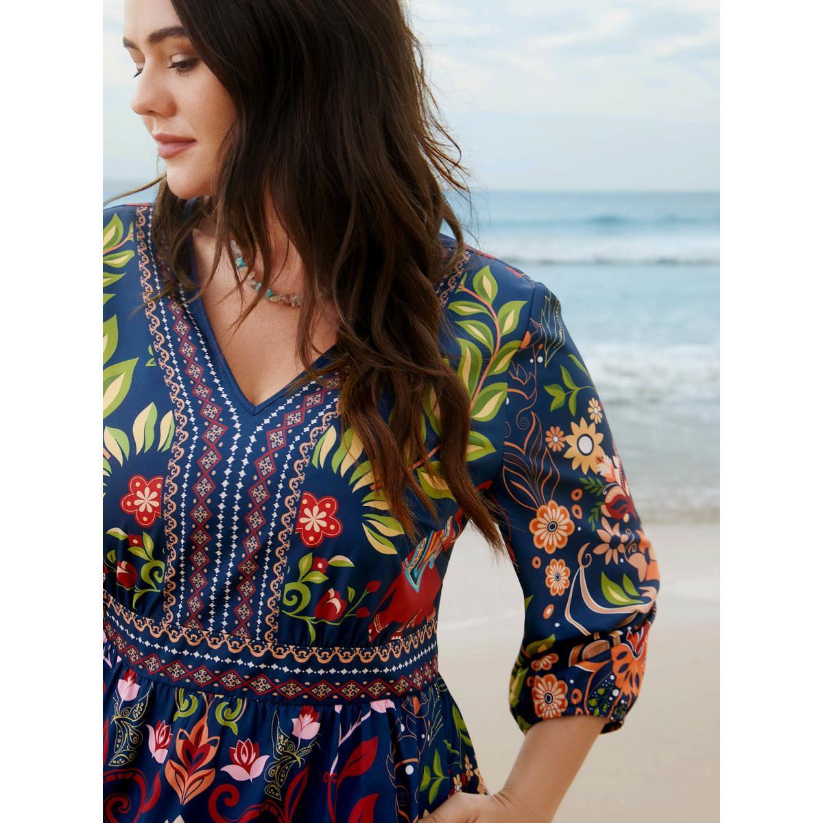 Plus Size Boho Print V-Neck Pockets Midi Dress DarkBlue Women Resort Non V-neck Elbow-length sleeve Curvy BloomChic 22-24/3X Product Image