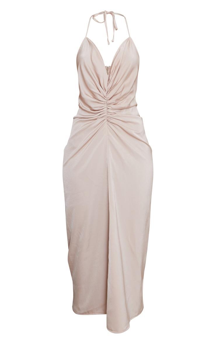 Champagne Satin Halter Plunge Ruched Waist Midaxi Dress Product Image