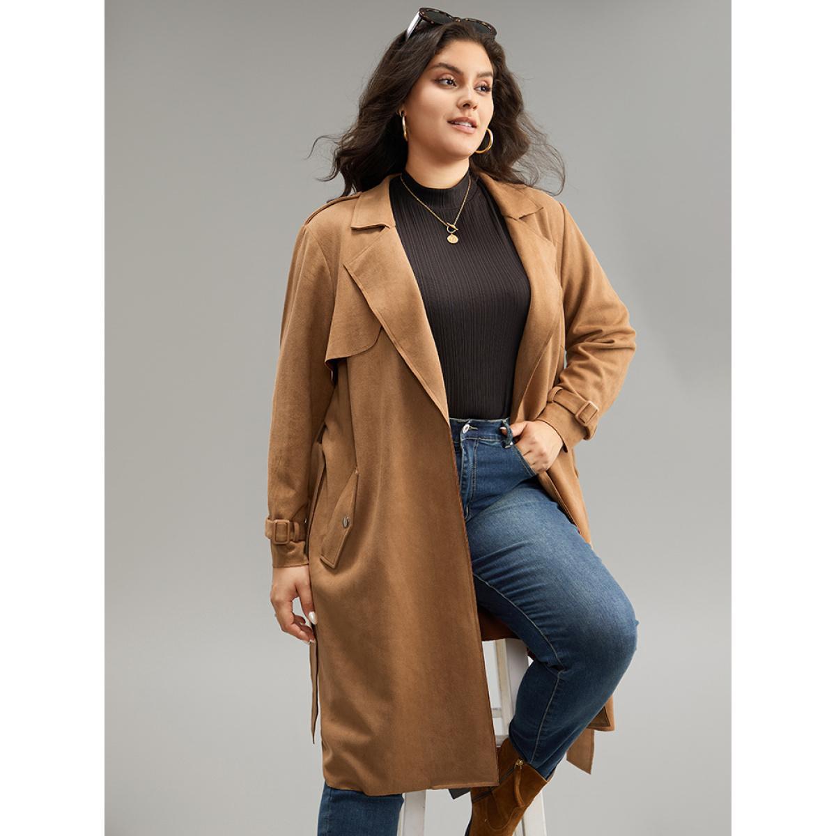 Plus Size Solid Button Detail Knot Belted Coat Women Chocolate Work From Home Plain Ladies Work Winter Coats BloomChic 10/M Product Image