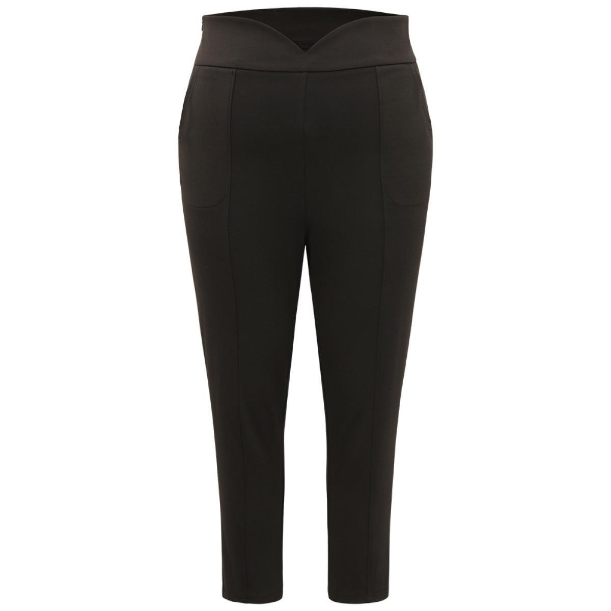 Plus Size Plain Wideband Waist Pocket Scalloped Trim Skinny Leggings Women Black Casual Bodycon High Rise Everyday Pants BloomChic 26/4X Product Image