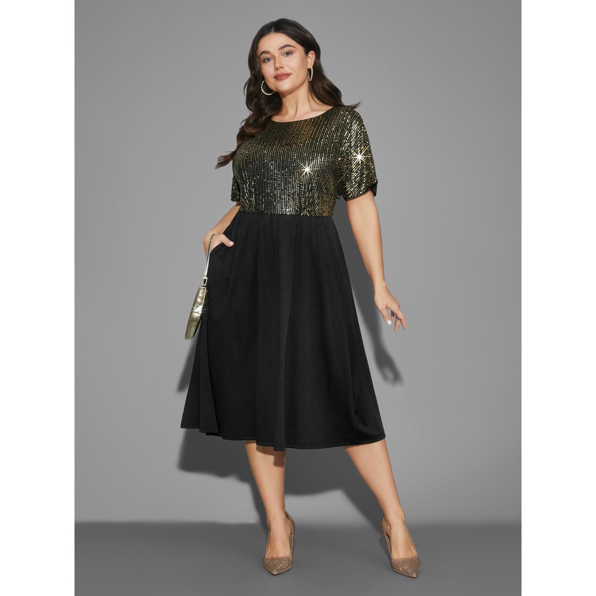 Plus Size Sequin Patchwork Dolman Sleeve Dress Black Women Cocktail Texture Party Curvy Bloomchic 28/5X Product Image