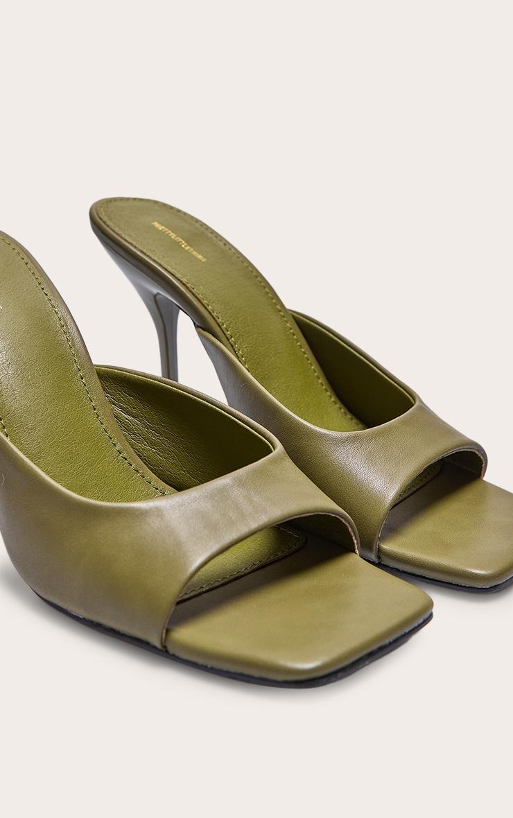 Olive PU Square Toe High Stiletto Heeled Mules Product Image