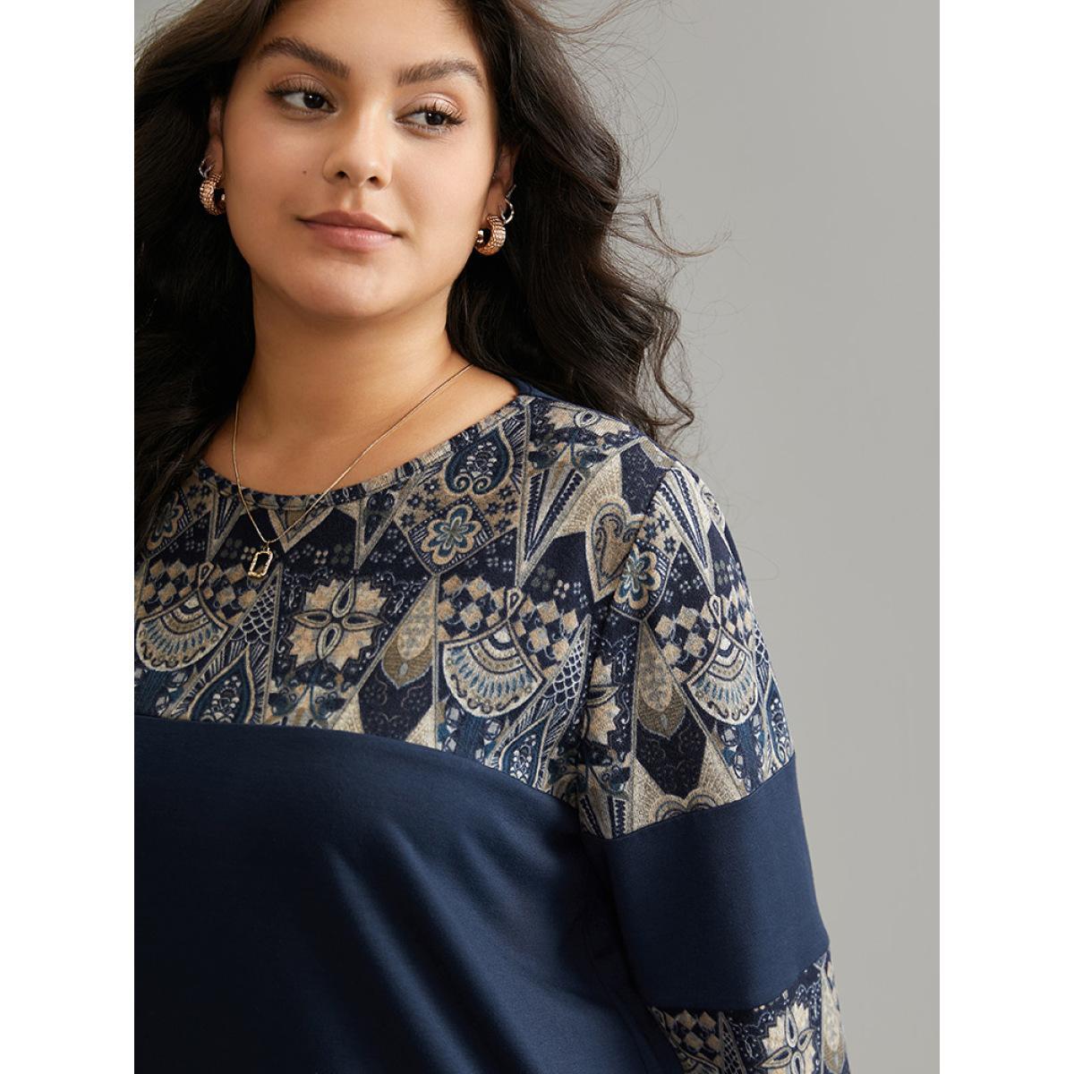 Plus Size Boho Print Patchwork Round Neck Sweatshirt Women DarkBlue Casual Printed Round Neck Dailywear Sweatshirts BloomChic 12/L Product Image