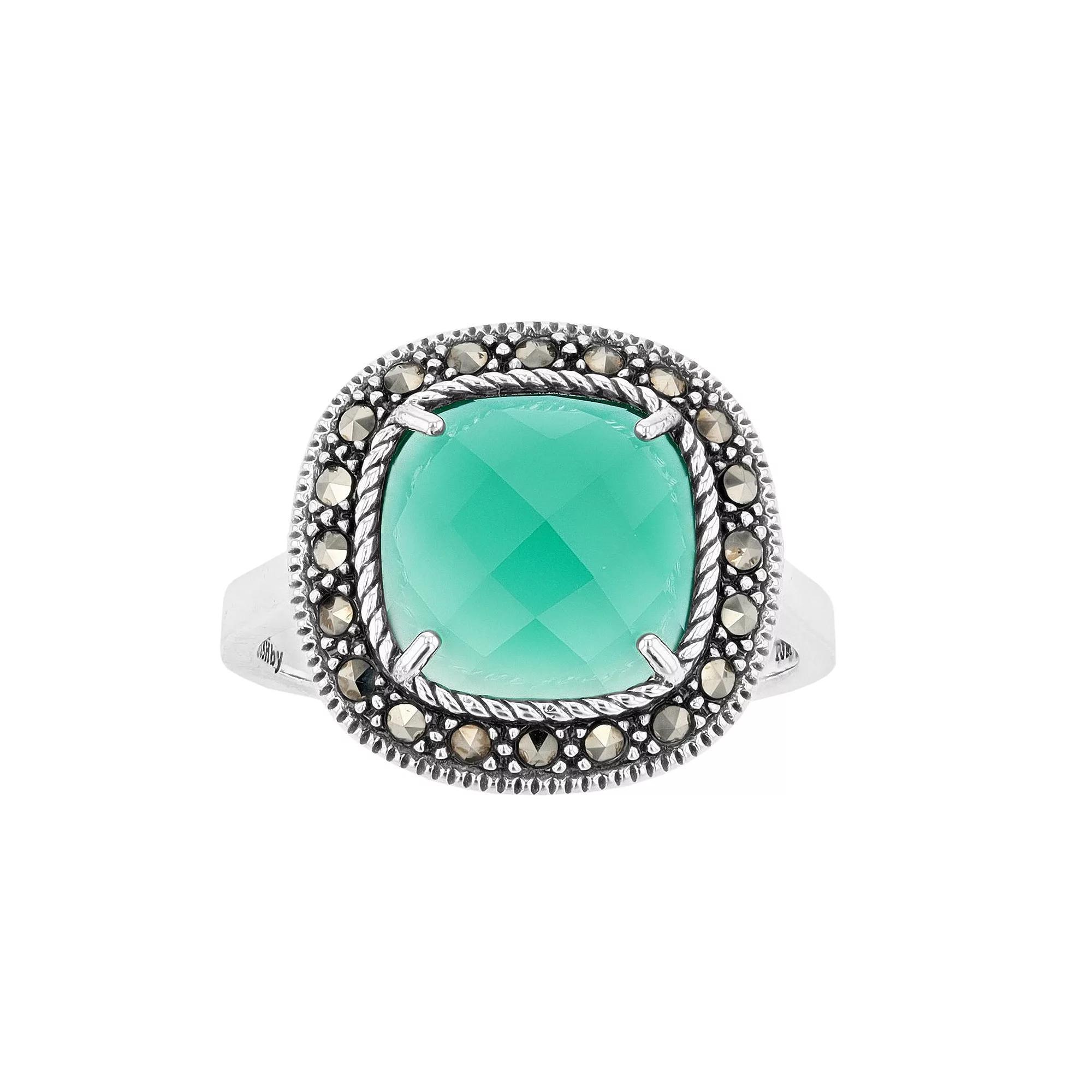 Lavish by TJM Sterling Silver Cushion Green Agate & Marcasite Ring, Women's, Size: 6 Product Image