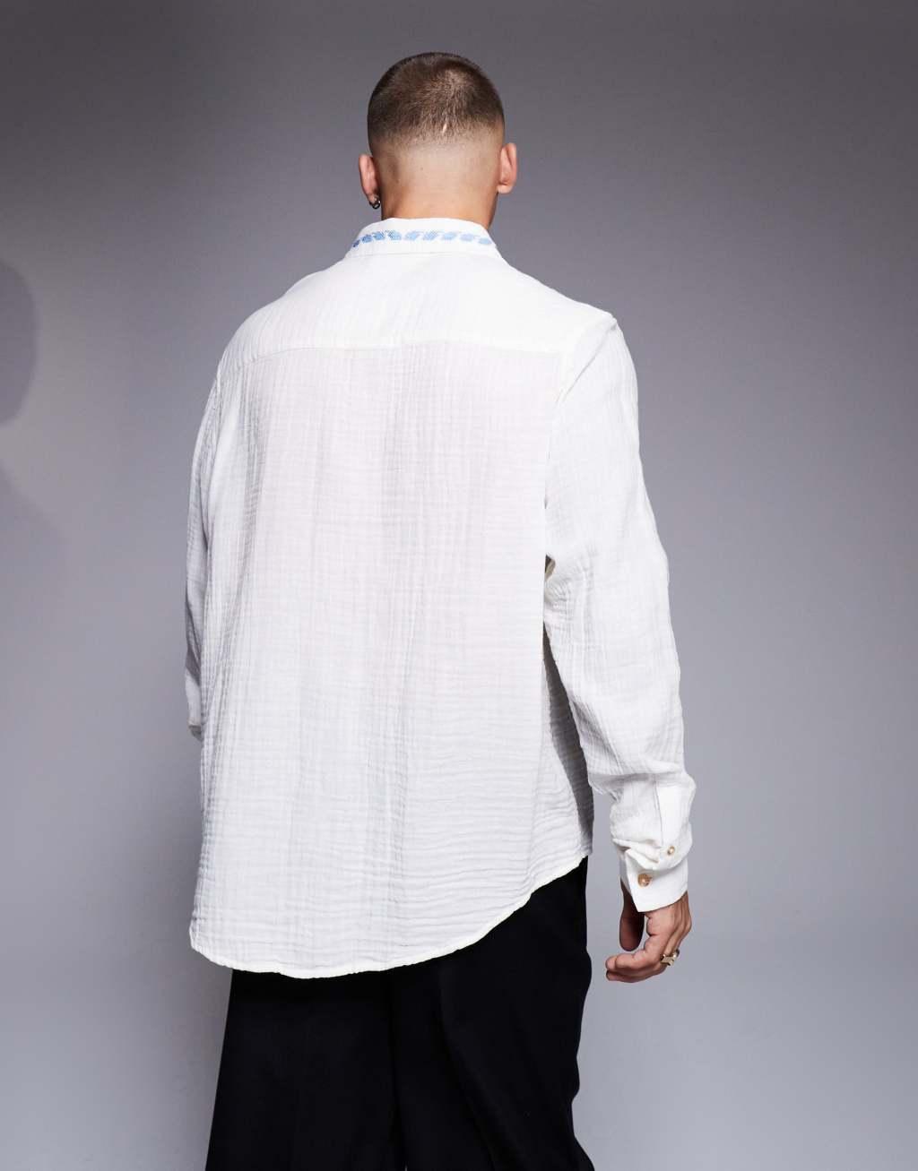 ASOS DESIGN relaxed textured shirt with cross stitch embroidery in white   Product Image