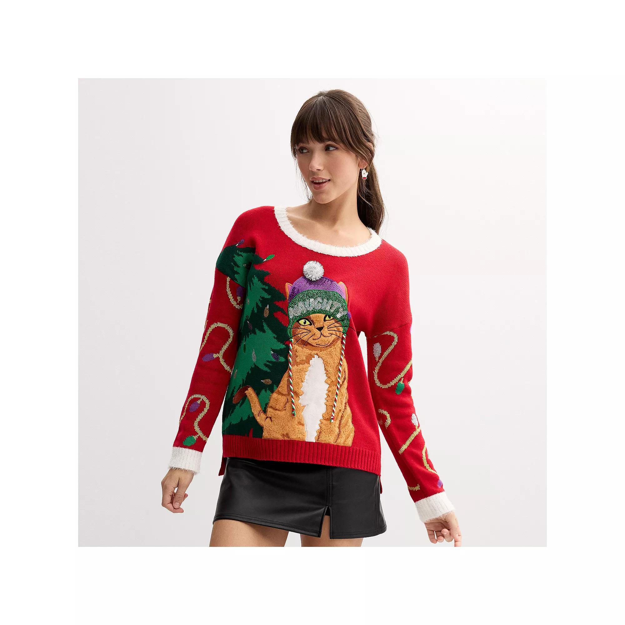 Juniors Plus Jollidays 3D Holiday Sweater, Girl's, Size: 4XL, Red Cat Product Image