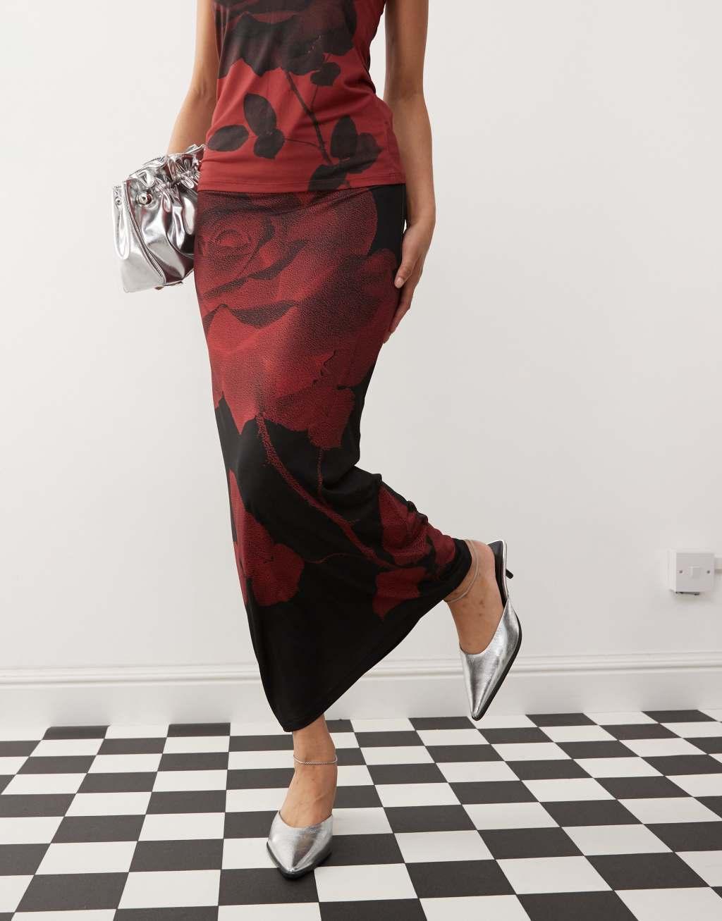 COLLUSION low rise maxi skirt with red bloom print - part of a set Product Image