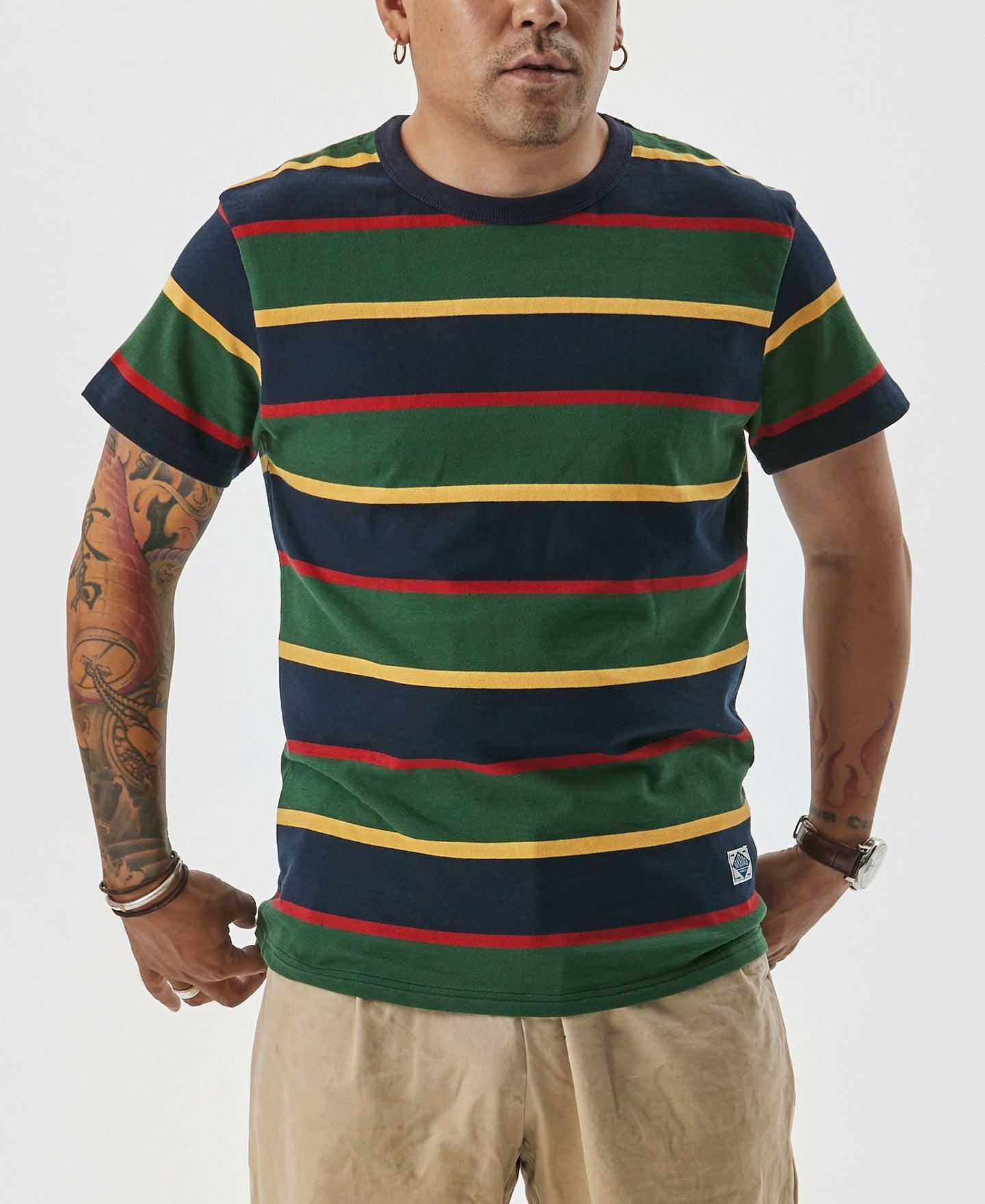 9.8 oz IVY Style Striped T-Shirt - Navy/Green Product Image