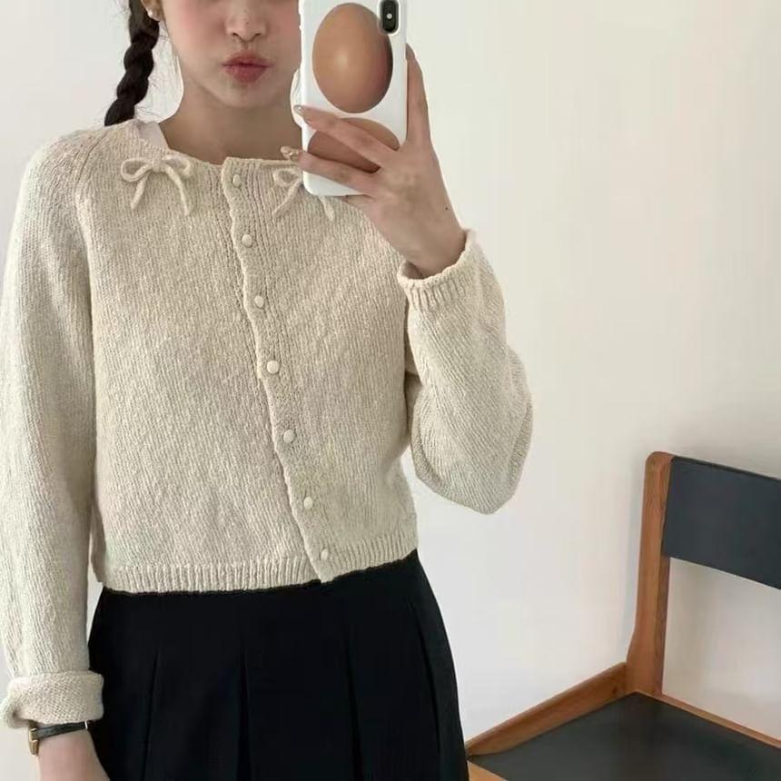 Crew Neck Plain Bow Accent Button-Up Crop Cardigan Product Image