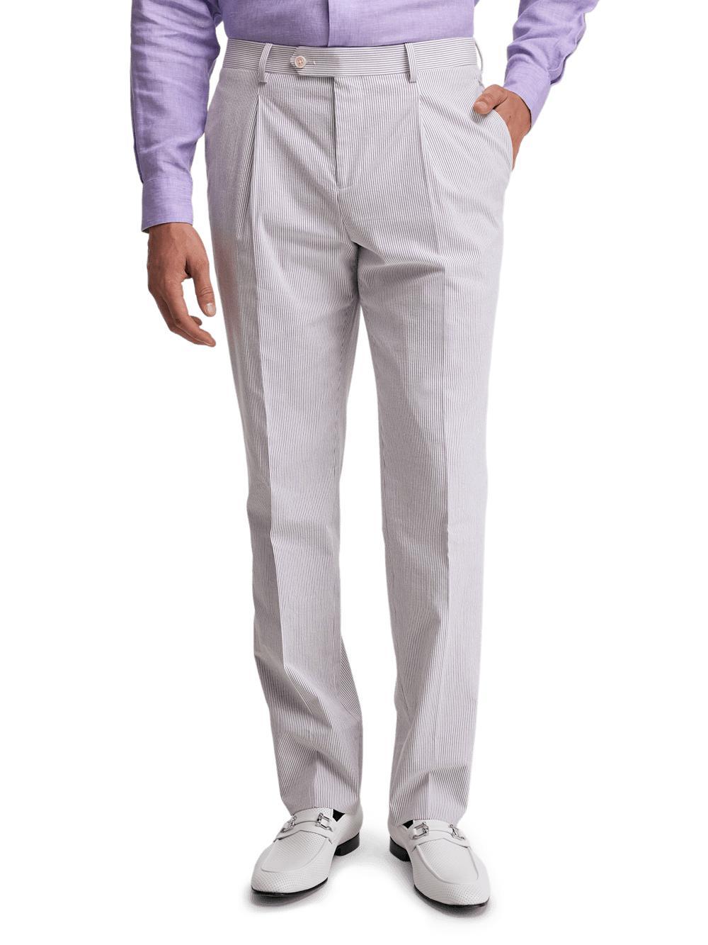 Cotton Stretch Stripe Seersucker Single Pleat Suit Pants - Purple/white Product Image