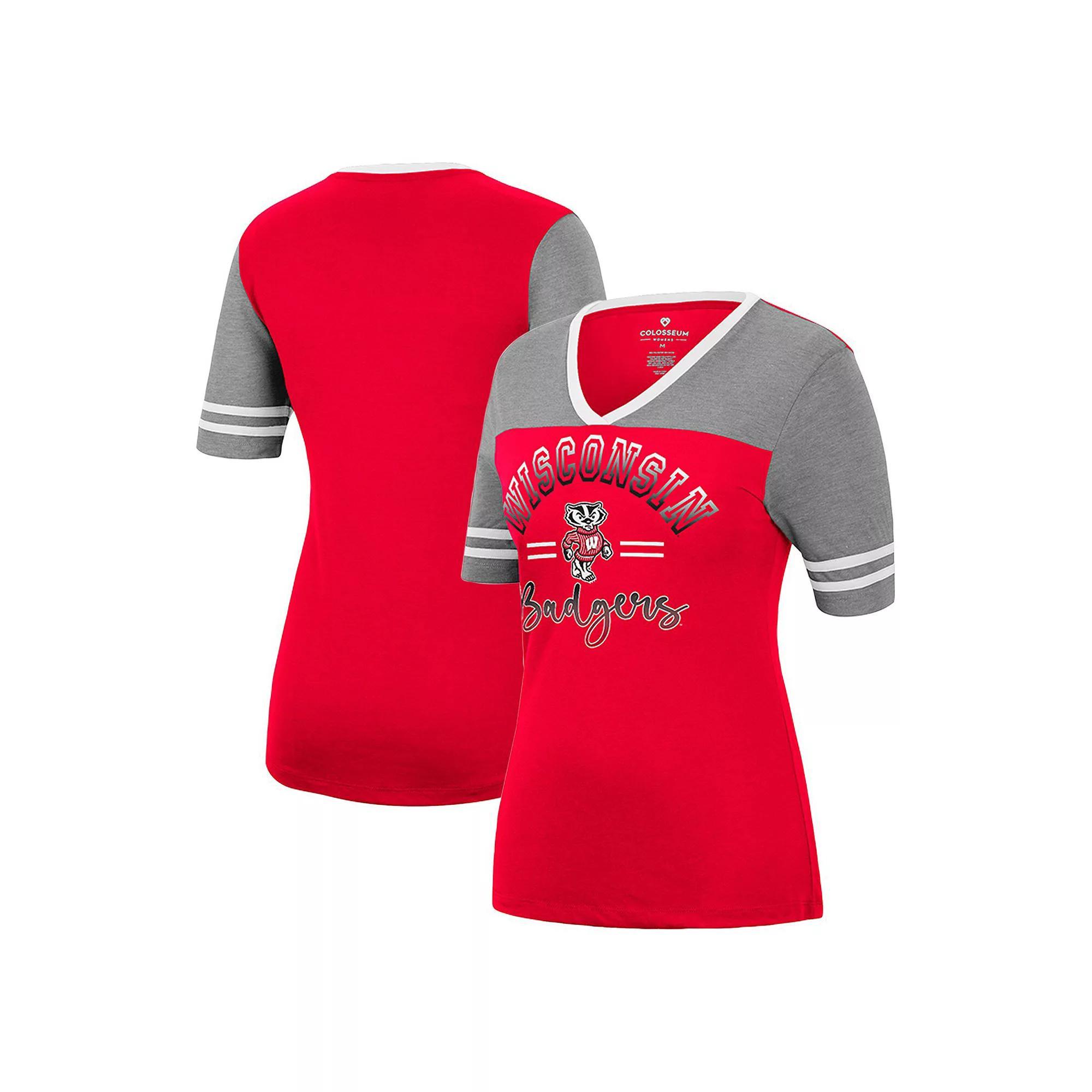 Women's Colosseum Red/Heathered Gray Wisconsin Badgers There You Are V-Neck T-Shirt, Size: Small Product Image