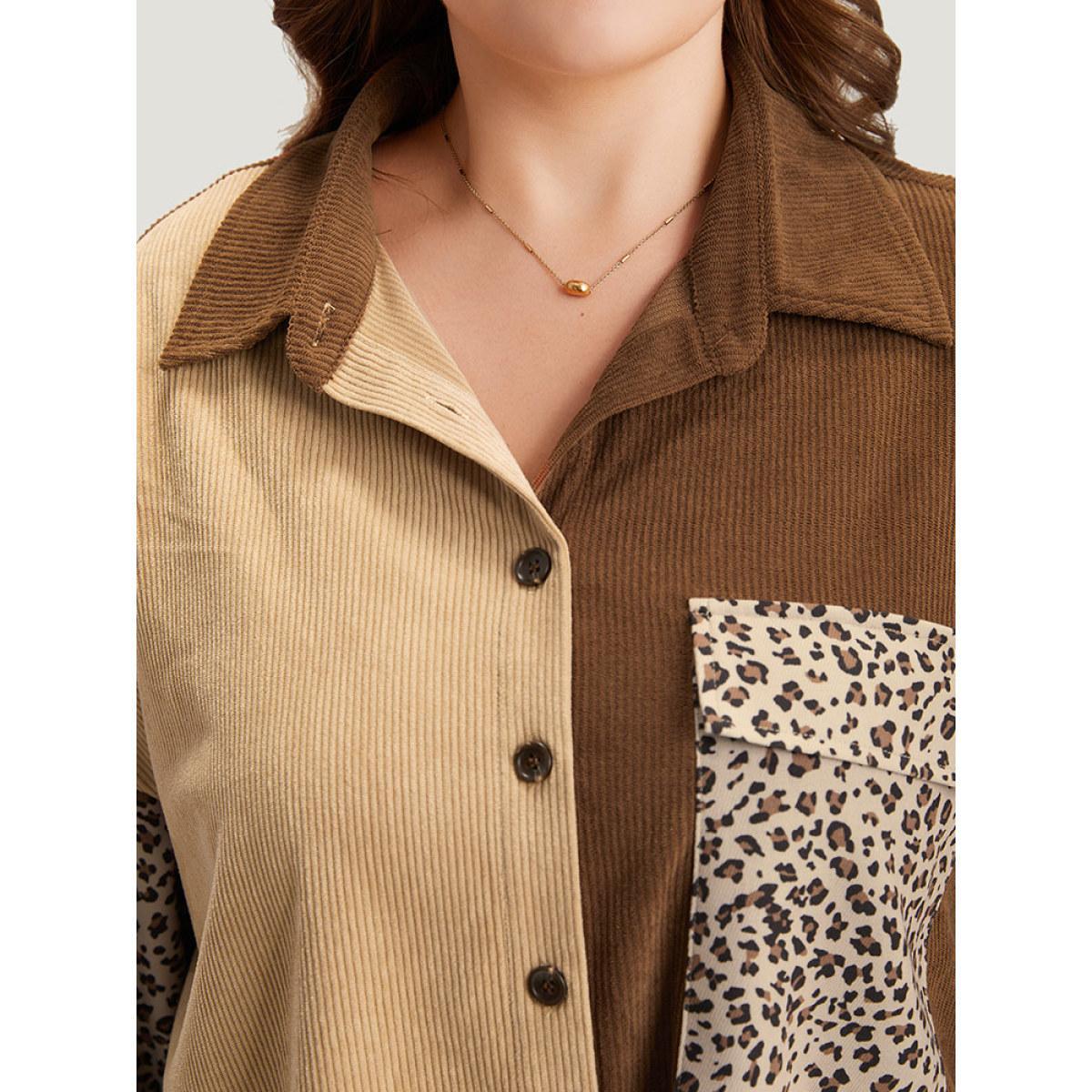 Plus Size Leopard Patchwork Pocket Contrast Button Through Coat Women DarkBrown Texture Pocket Dailywear Jackets BloomChic 22-24/3X Product Image