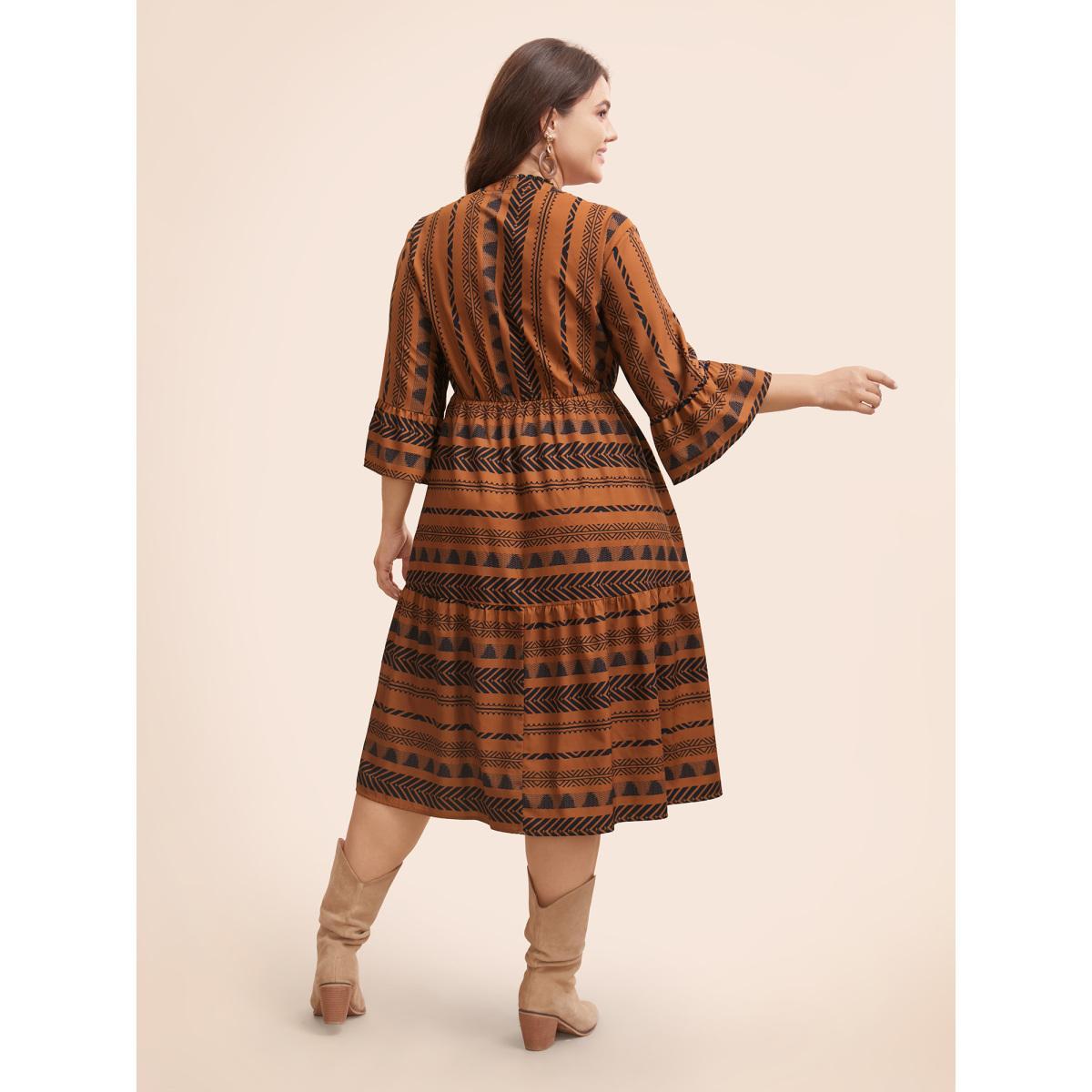 Plus Size Notched Bandana Geometric Ruffle Sleeve Dress Yellowishbrown Women Resort Ruffles Flat collar with V-notch Elbow-length sleeve Curvy BloomChic 10/M Product Image