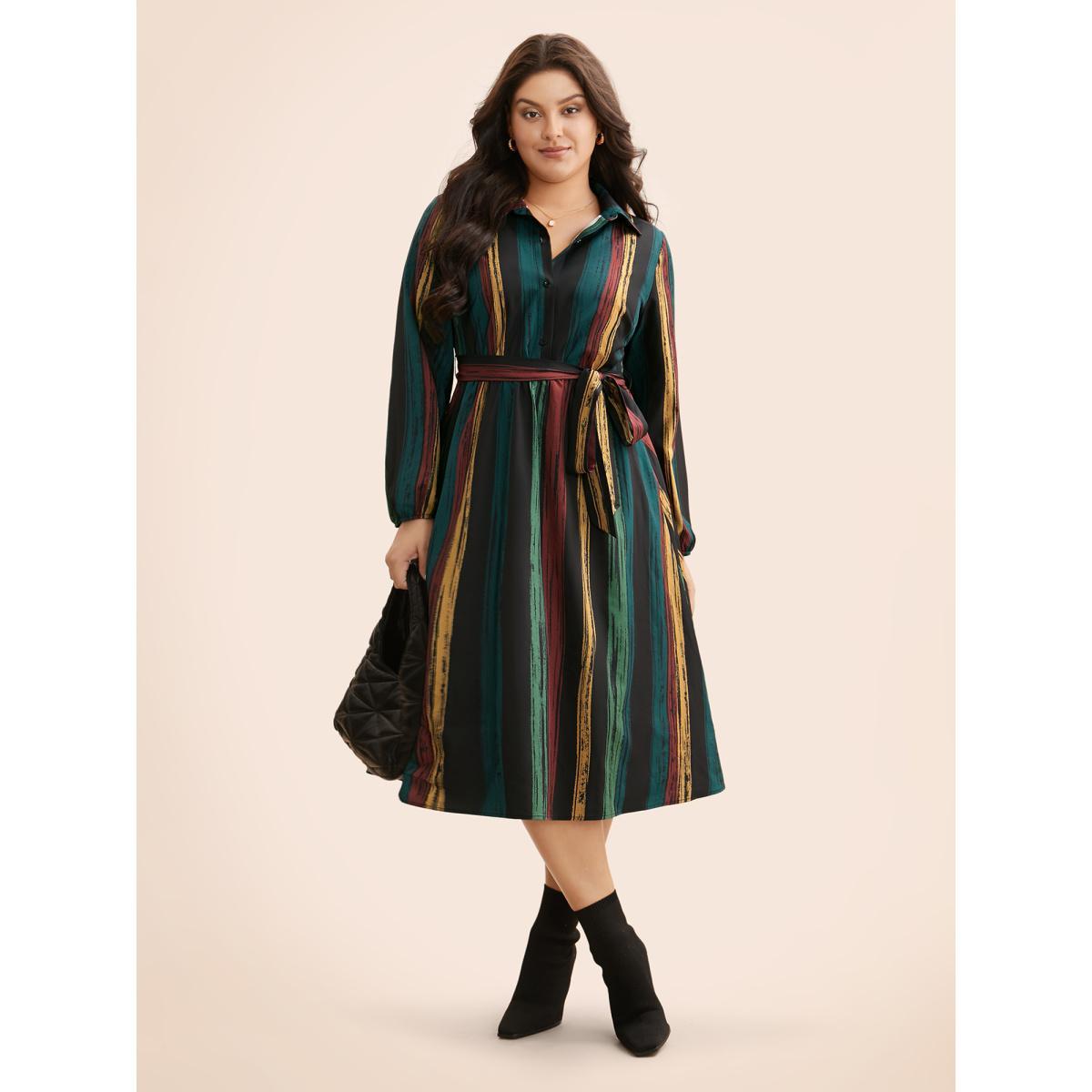 Plus Size Colored Striped Belted Lantern Sleeve Dress Multicolor Women At the Office Belted Knit Dresses Bloomchic 18-20/2X Product Image