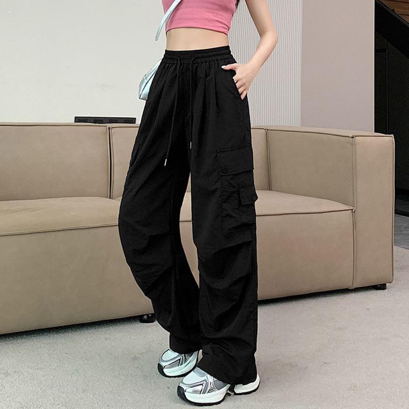 High Rise Plain Drawstring Wide Leg Cargo Pants Product Image
