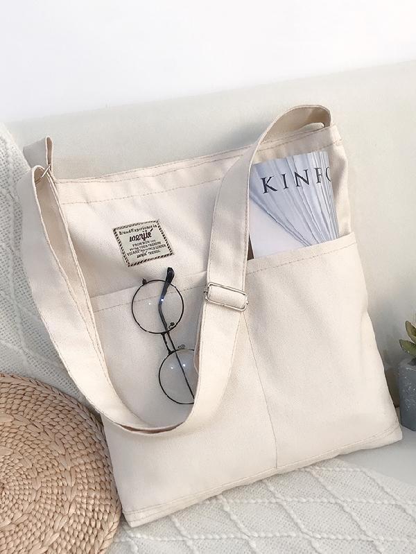 Simple Solid Color With-pockets Canvas Handbag Product Image