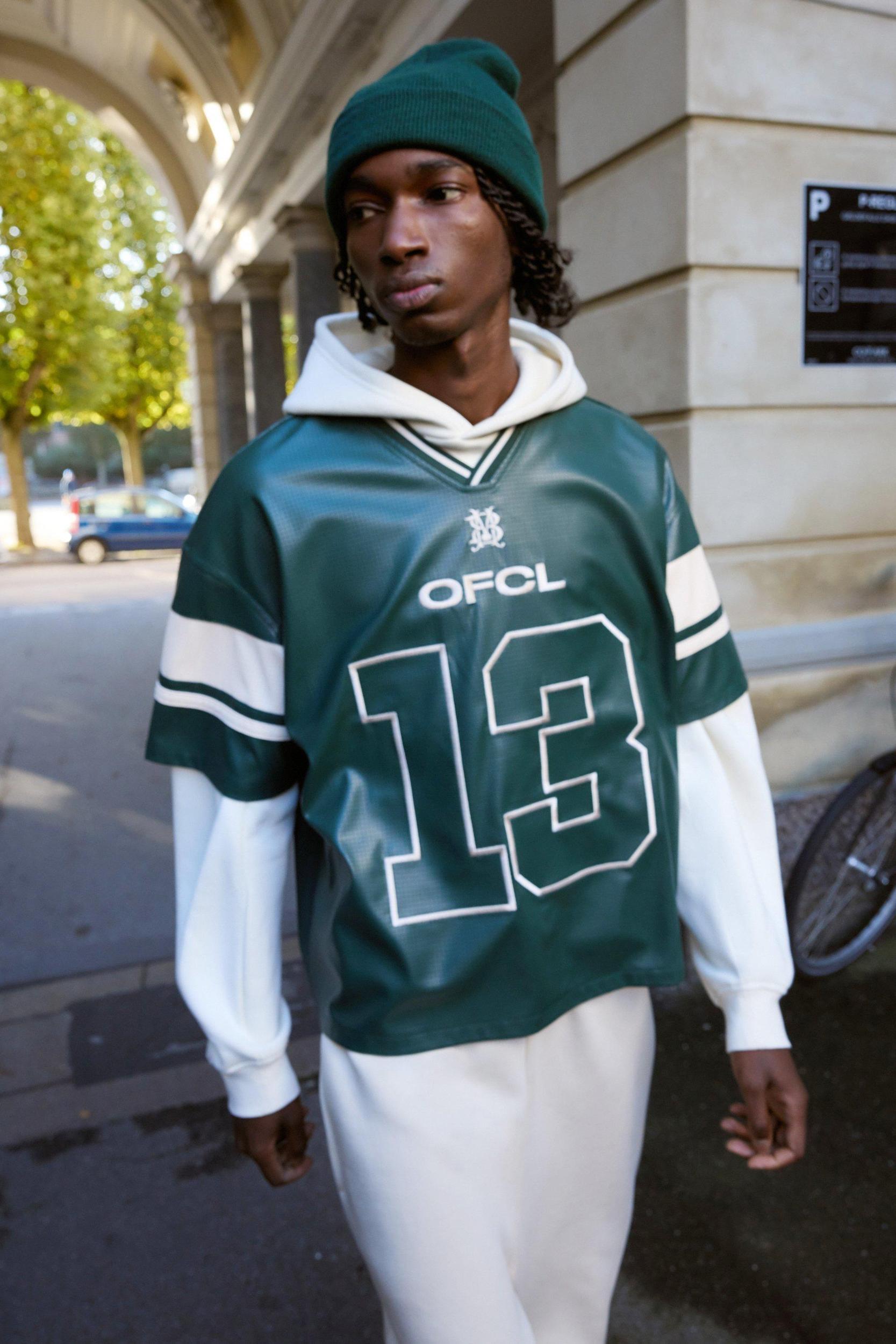 Mens Oversized Boxy Perforated Faux Leather Football Jersey Top - Navy Product Image
