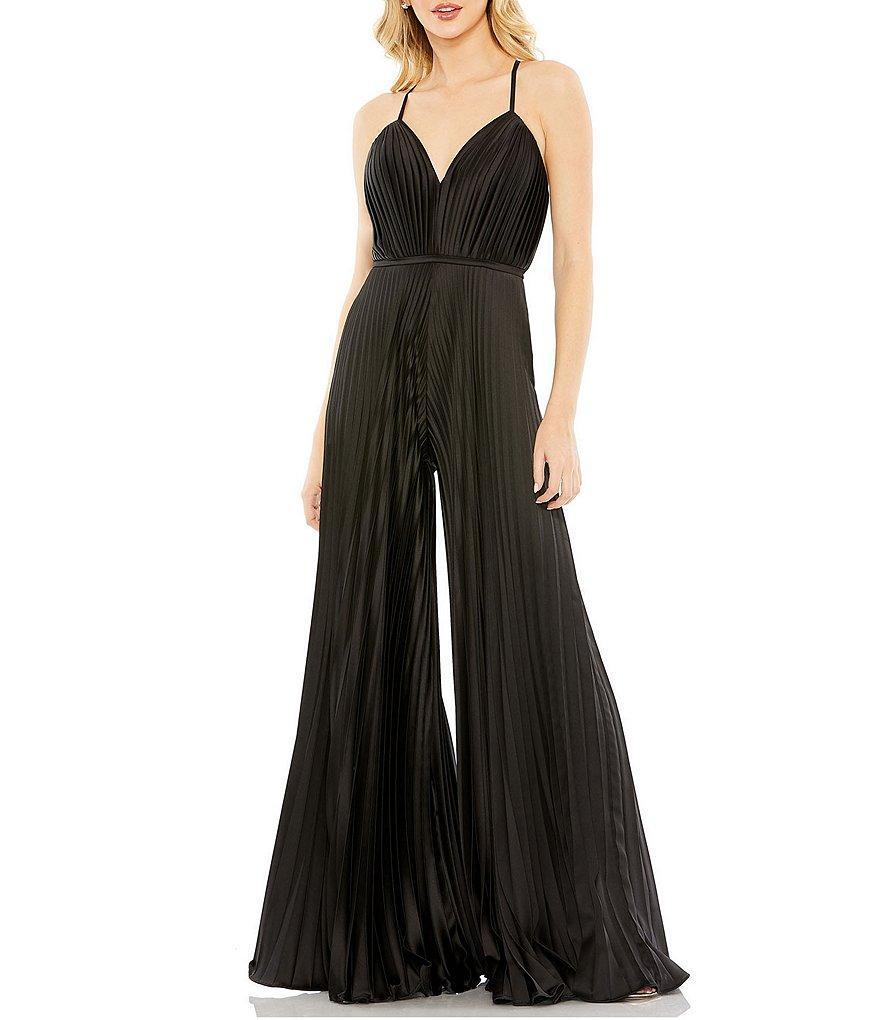 Mac Duggal Pleated Deep V-Neck Spaghetti Strap Sleeveless Wide Leg Jumpsuit Product Image