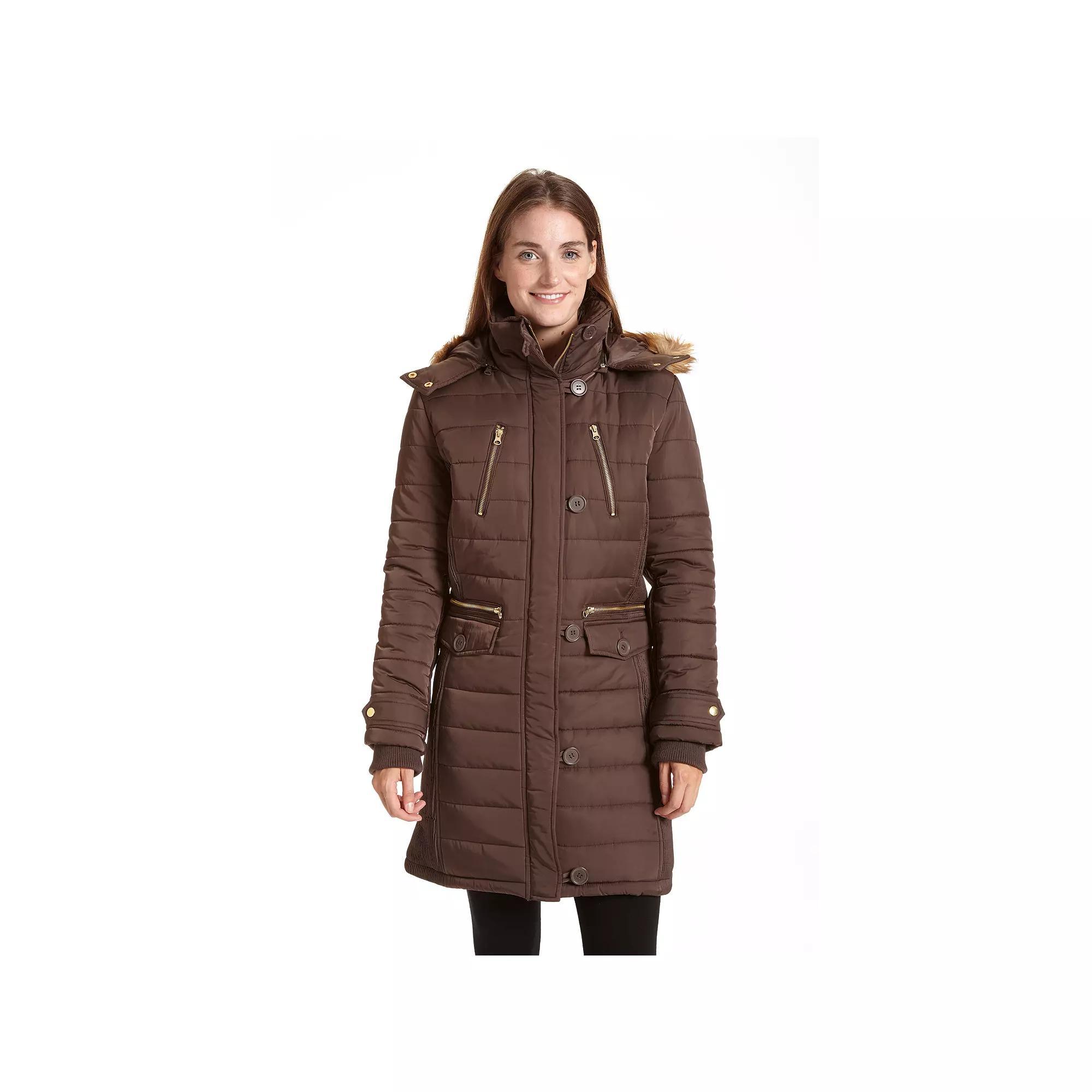 Women's Excelled Long Hooded Puffer Jacket, Size: Medium, Cappucino Product Image