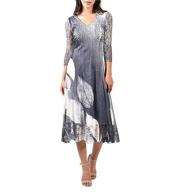 Komarov Lace Pleated Print Charmeuse V-Neck 3/4 Sleeve Midi Dress Product Image