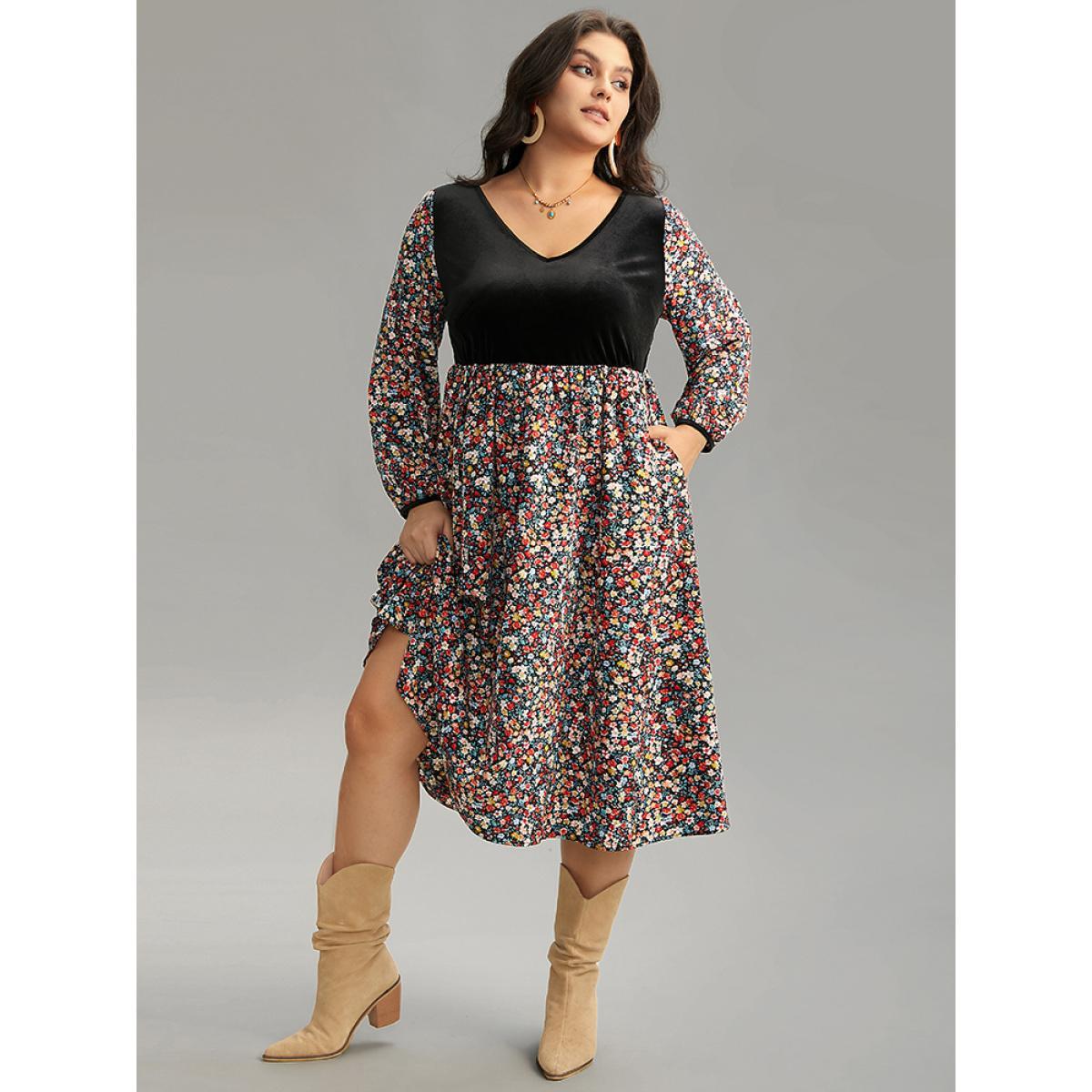 Plus Size Ditsy Floral Velvet Patchwork Lantern Sleeve Dress Multicolor Women Vacation Elastic cuffs V-neck Long Sleeve Curvy Midi Dress BloomChic 10/M Product Image