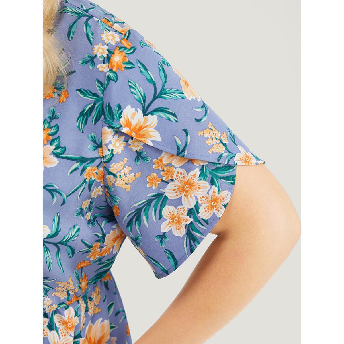Plus Size Floral Print Petal Sleeve Pocket Flutter Hem Wrap Dress Stone Women Elegant Elastic Waist V-neck Short sleeve Curvy Midi Dress BloomChic 22-24/3X Product Image