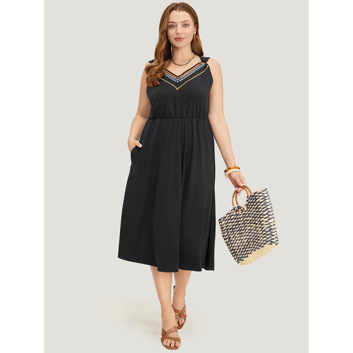 Plus Size Geometric Embroidered Buckle Detail Pocket Ruffle Hem Cami Dress Black Women Vacation Embroidered V-neck Sleeveless Curvy Midi Dress BloomChic 10/M Product Image