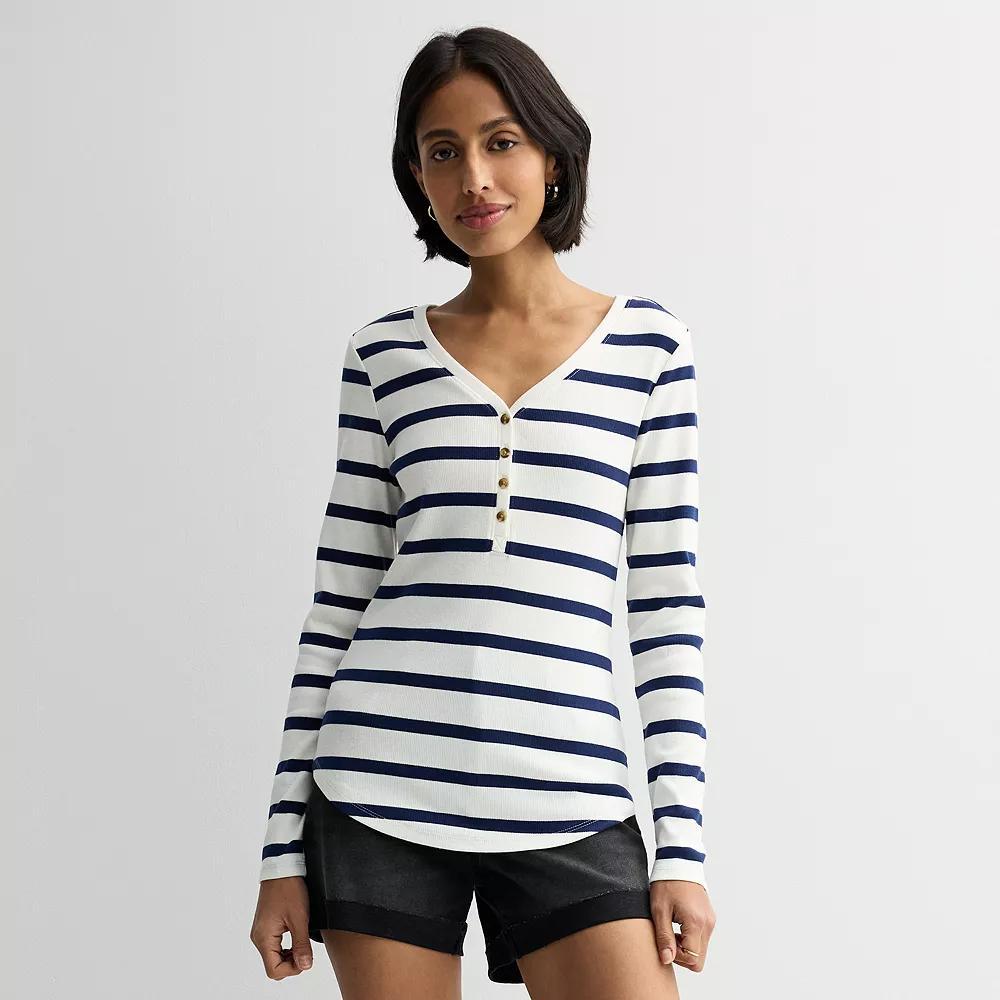 Women's Sonoma Goods For Life® Rib Long Sleeve Henley, Size: XXL, Blue Brown Stripe Product Image