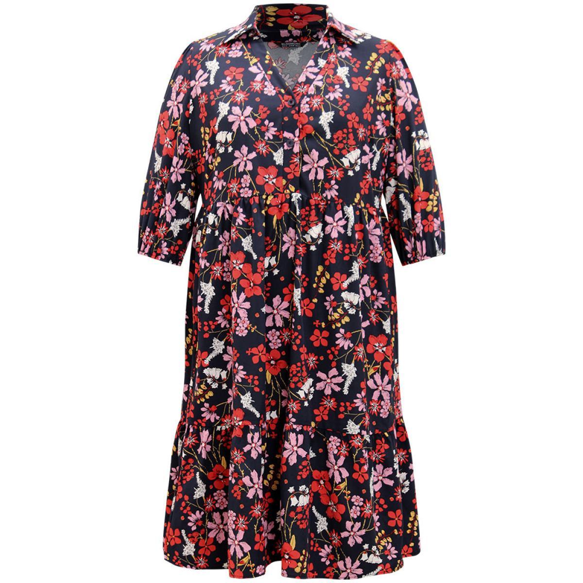 Plus Size Floral Print Shirt Collar Ruffled Hem Dress DarkBlue Women Elegant Elastic cuffs Shirt collar Elbow-length sleeve Curvy Midi Dress BloomChic 22-24/3X Product Image