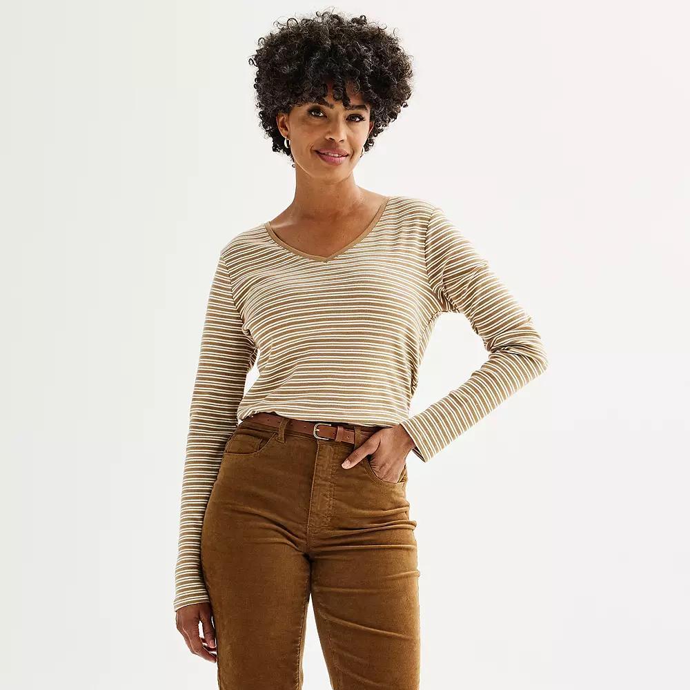 Petite Croft & Barrow® Essential Long-Sleeve V-Neck Top, Women's, Size: XL Petite, Black Neat Stripe Product Image